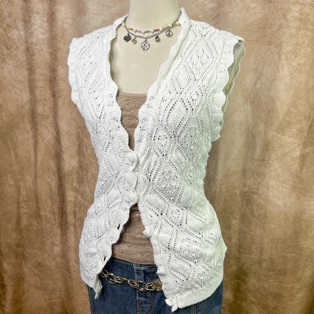 Vintage Crochet Sweater Vest 90s Knit Argyle Diamond Sleeveless Cardigan White